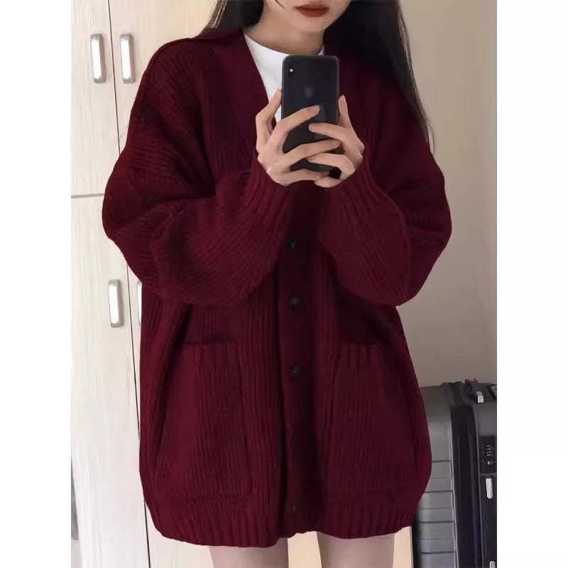 Women Oversized Knit Cardigan with Patch Pockets and Continuous Button Placket Mune Fashion