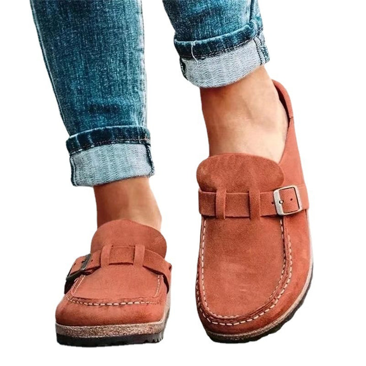 Women’s suede mules with cork-look sole and adjustable buckle strap Mune Fashion