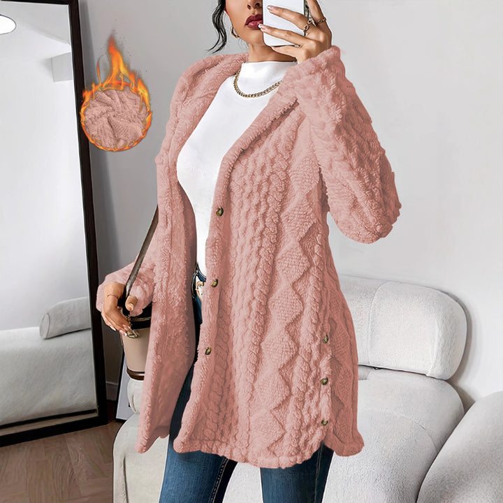 Women’s Oversized Knitted Coat with Hood, Jacquard Structure and Button Placket Mune Fashion