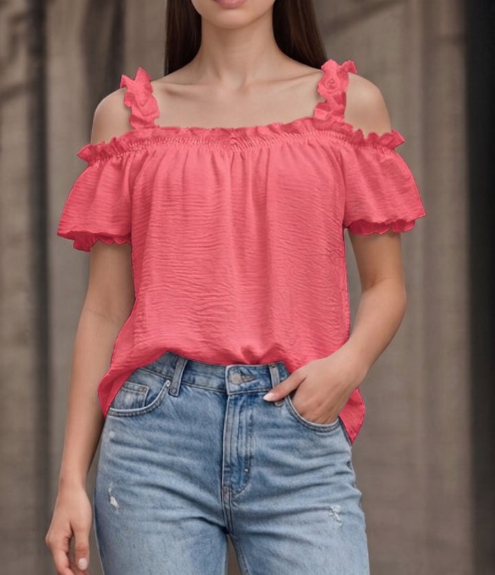Women's Off-Shoulder Crinkle Top with Smocked Bandeau, Ruffled Straps and Wing Sleeves Mune Fashion