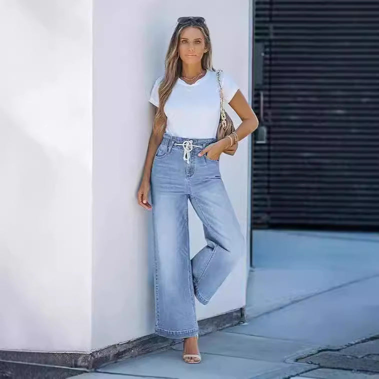 Women high-waisted wide-leg jeans with drawstring waistband and casual culotte silhouette Mune Fashion