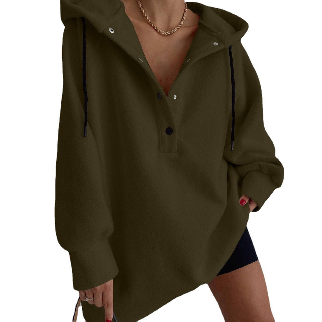 Women's cozy hooded fleece tunic sweatshirt with snap button placket and dropped shoulder Mune Fashion