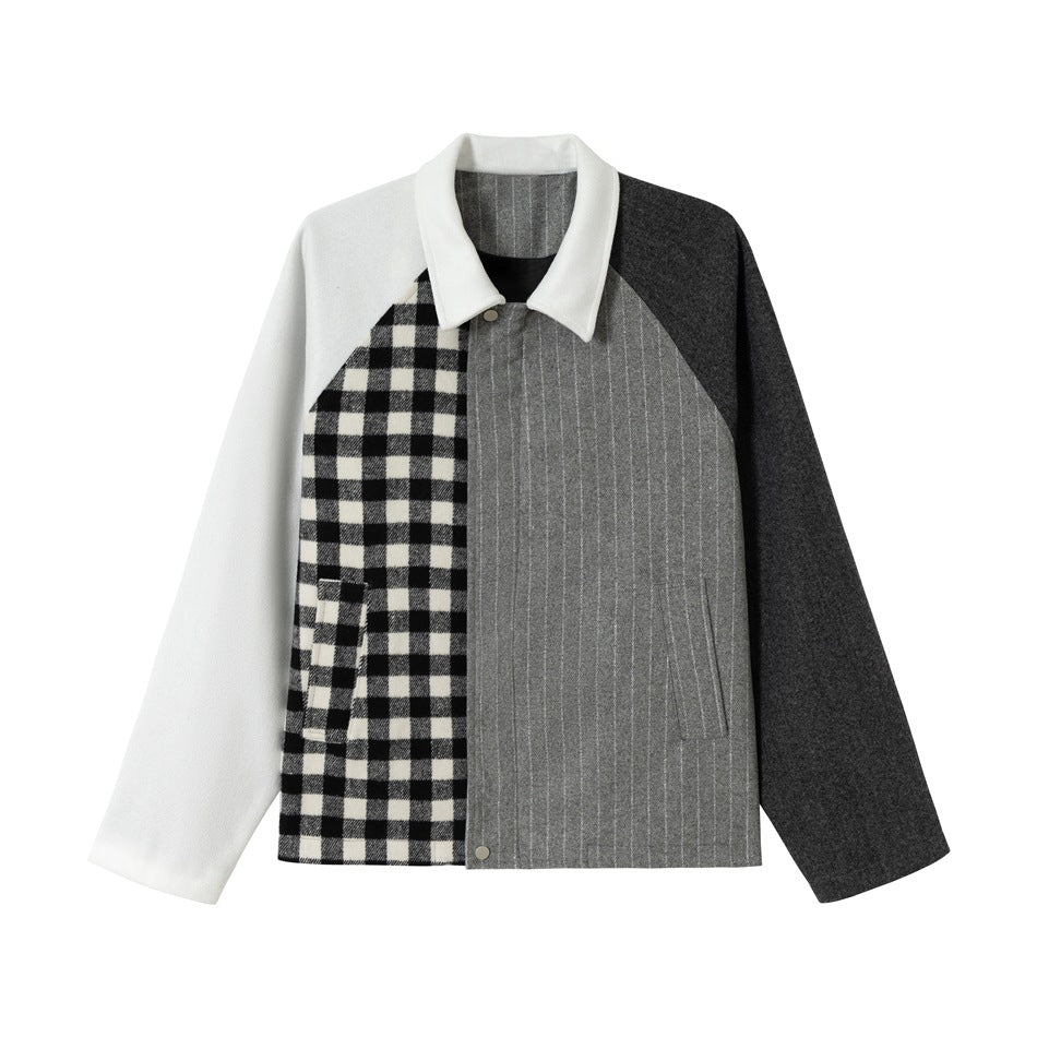 Unisex Classically tailored patchwork blouson jacket made of wool blend with shirt collar Mune Fashion
