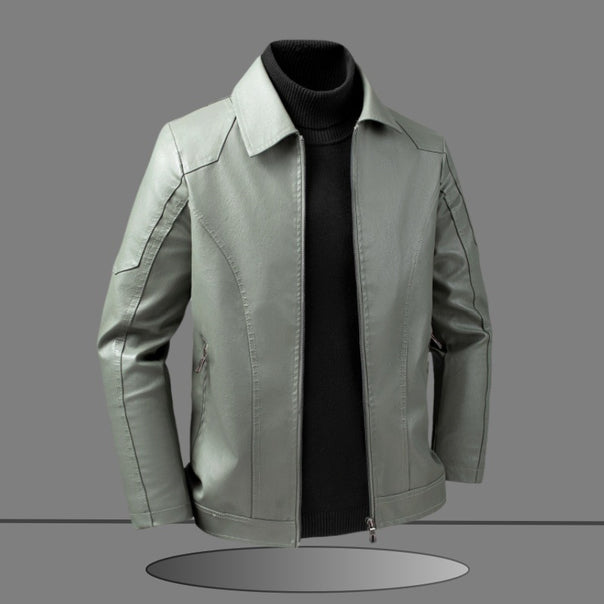 Men's Elegant Slim-Fit Leather Look Blouson Jacket with Shirt Collar, Vertical Decorative Seams, and Concealed Zipper Mune Fashion