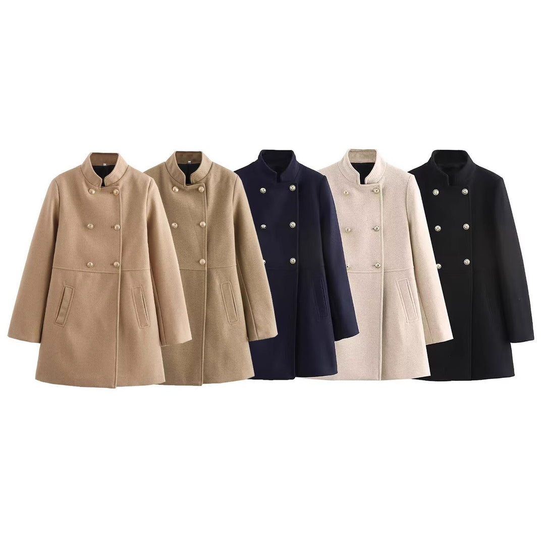 Women's Double-Breasted Wool Blend Coat with Stand Collar and Decorative Buttons Mune Fashion