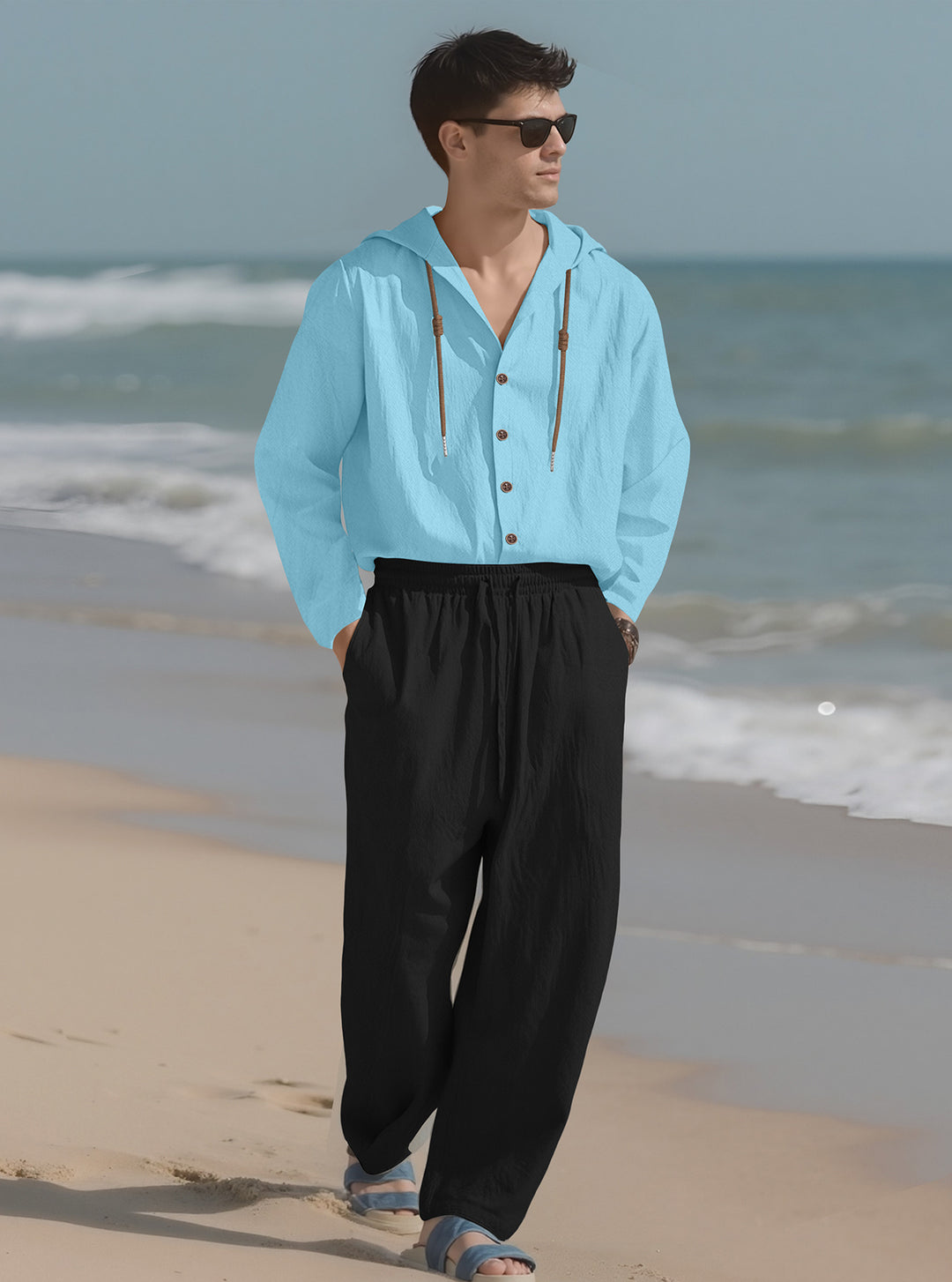 Men's casual hoodie shirt with continuous button placket, decorative drawstring, and relaxed fit Mune Fashion