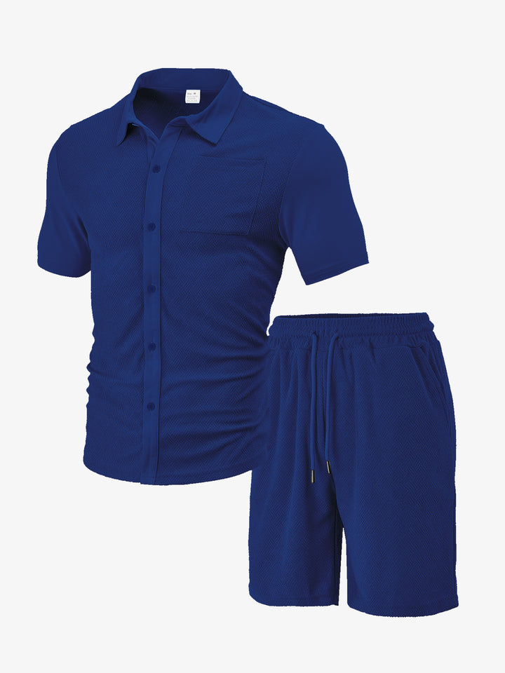 Men's buttoned leisure set with shirt collar herringbone structure chest pocket and drawstring shorts Mune Fashion
