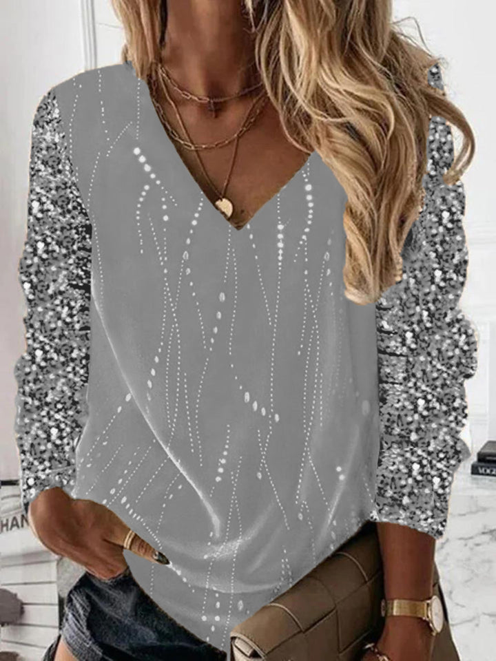 Women's Festive V-Neck Blouse with Sequin Sleeves and Light Draping