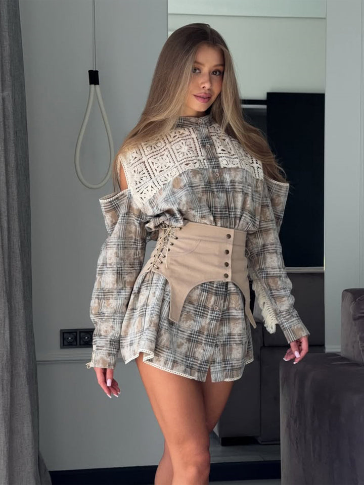 Women's Oversized Checkered Shirt Dress with Crochet Yoke & Tailored Lace-Up Corset Belt Mune Fashion
