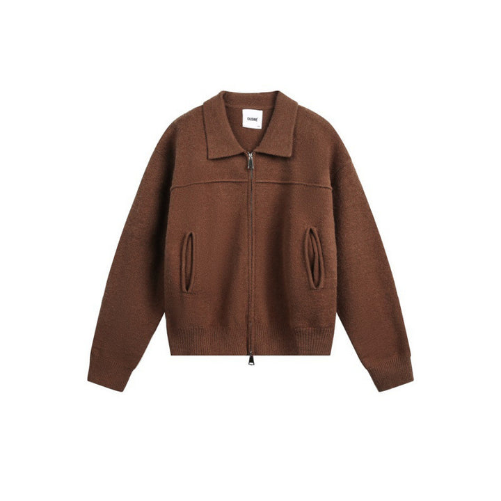 Men's knitted zip jacket with shirt collar, ribbed cuffs, and concealed side pockets Mune Fashion