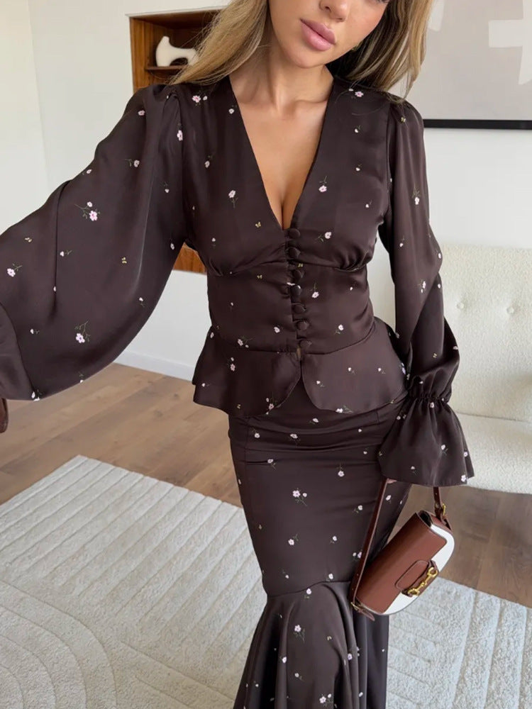 Women's Two-Piece Satin Set with Fitted Button Top and Mermaid Skirt Mune Fashion