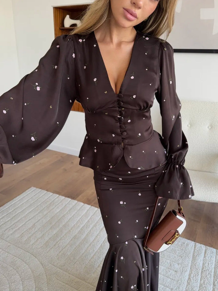 Women's Two-Piece Satin Set with Fitted Button Top and Mermaid Skirt Mune Fashion