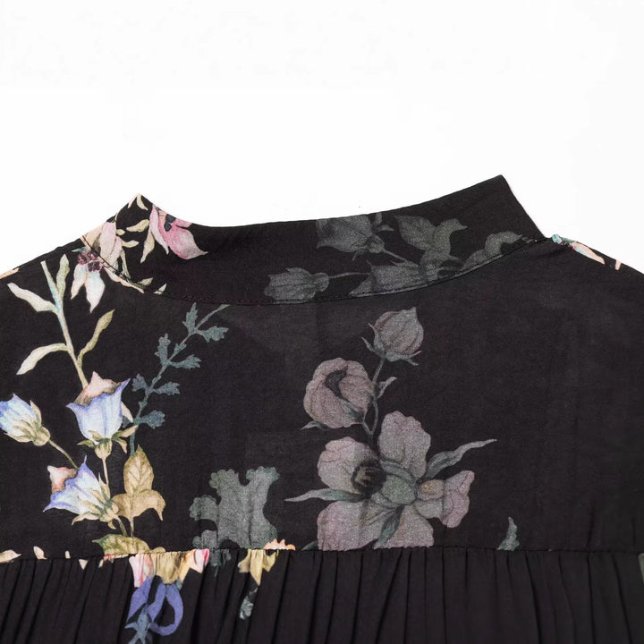 Women Floral Ruffled Mini Dress with Stand Collar, Waist Tie Belt and Balloon Sleeves Mune Fashion