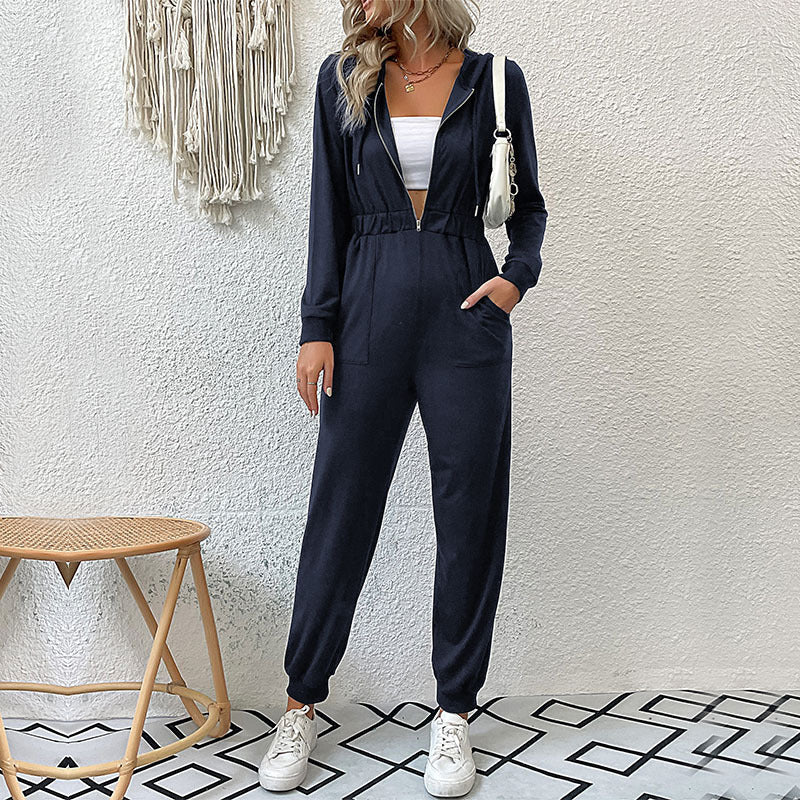 Women's Casual Jumpsuit Overall with Zipper, Elastic Waist and Cuffs Mune Fashion