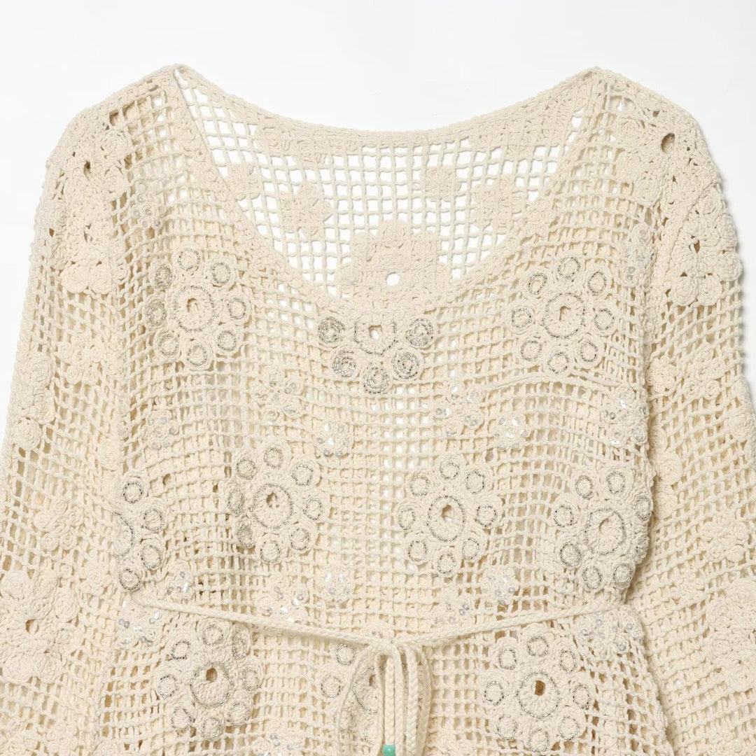 Women's crochet blouse with floral crochet design, V-neck and drawstring Mune Fashion