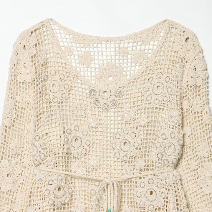 Women's crochet blouse with floral crochet design, V-neck and drawstring Mune Fashion