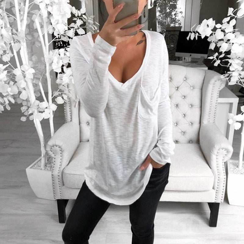 Women's Casual Oversize Tunic with V-Neck, Chest Pocket and Extended Hem Mune Fashion