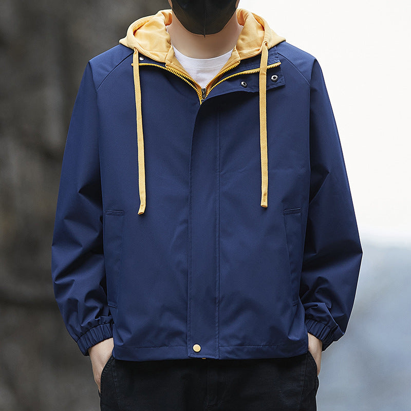 Men's Lightweight Hooded Rain Jacket in Bomber Style with Concealed Zipper and Elastic Cuffs Mune Fashion