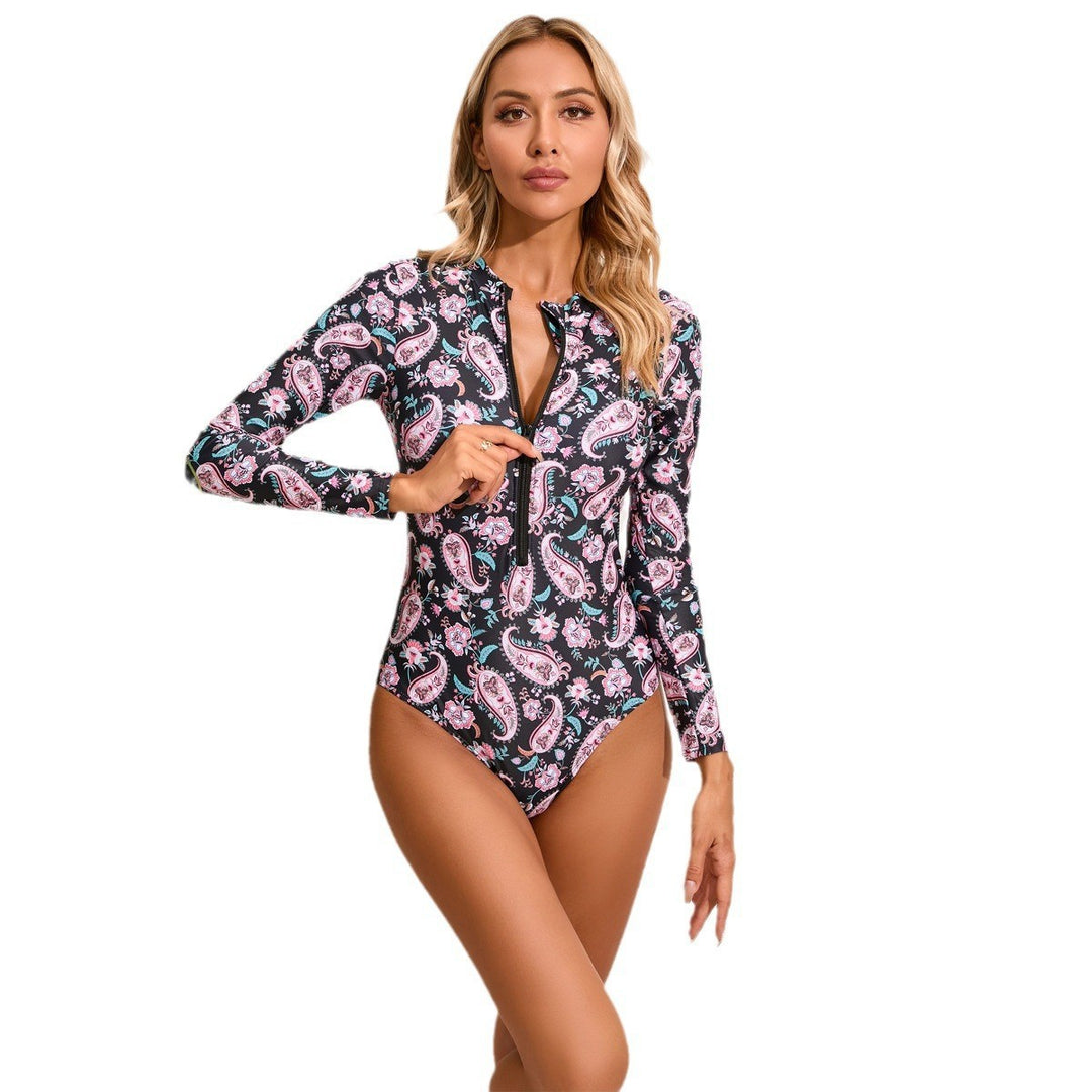 Women's High Neck One-Piece Swimsuit with Zip and Floral Pattern Mune Fashion