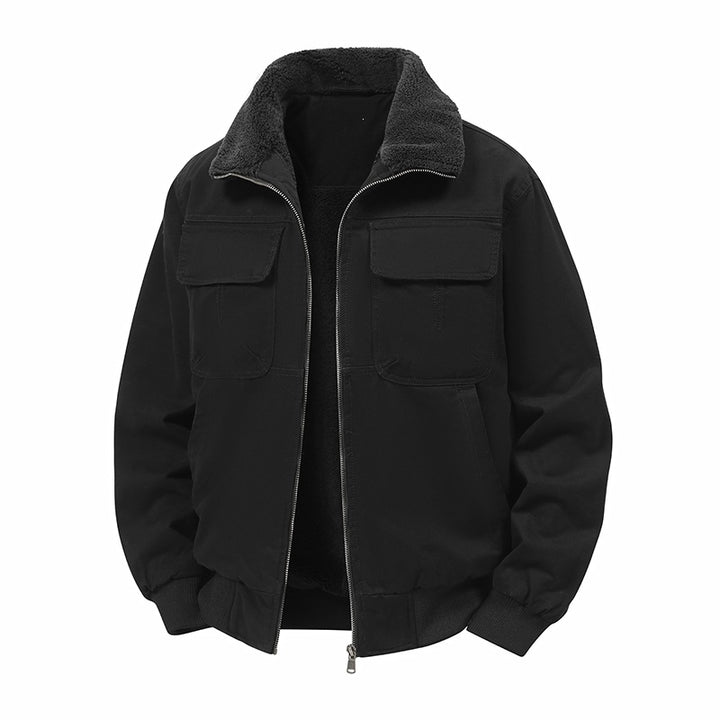 Men's thermo bomber jacket in field style with teddy collar, patch chest pockets & zipper closure