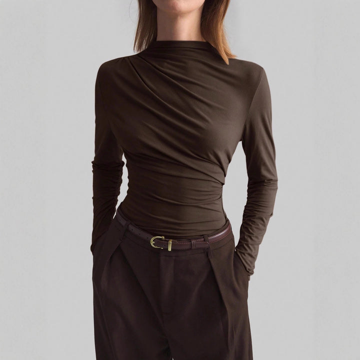 Women’s narrow cut long sleeve shirt with asymmetric draping and side gathering Mune Fashion