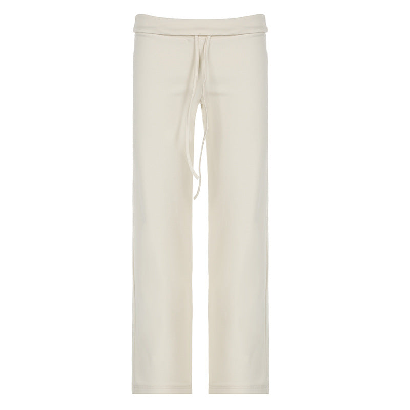 Women's soft high-waist lounge pants made of cotton blend with elastic comfort waistband, drawstring, and straight leg Mune Fashion