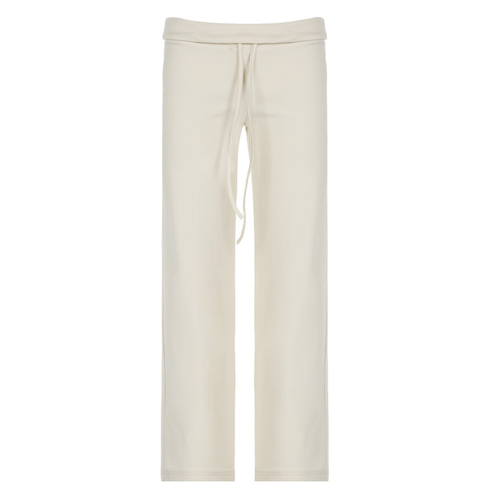 Women's soft high-waist lounge pants made of cotton blend with elastic comfort waistband, drawstring, and straight leg Mune Fashion