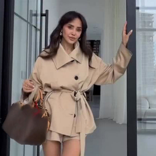 Women Tailored Short Jacket with Belt and Dropped Sleeves Mune Fashion