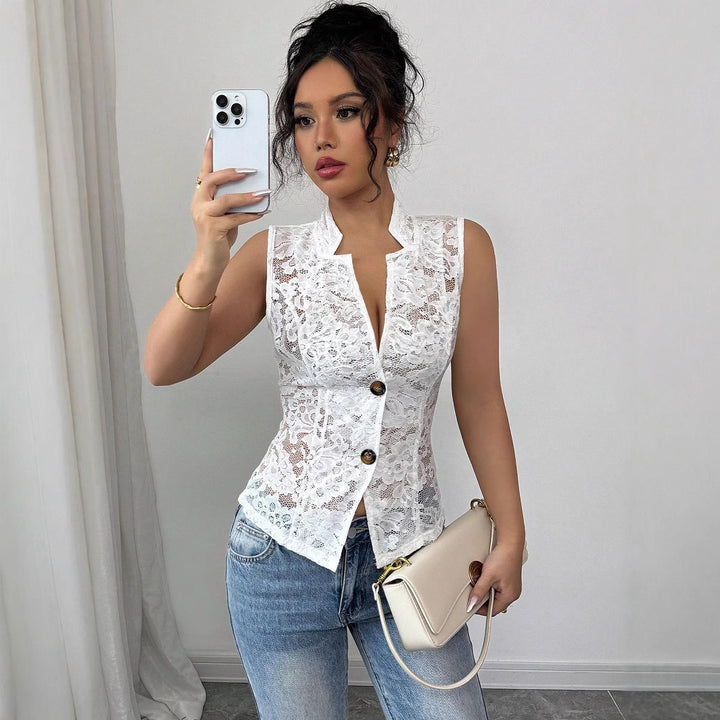 Women tailored sleeveless lace vest with stand-up collar and V-neck Mune Fashion