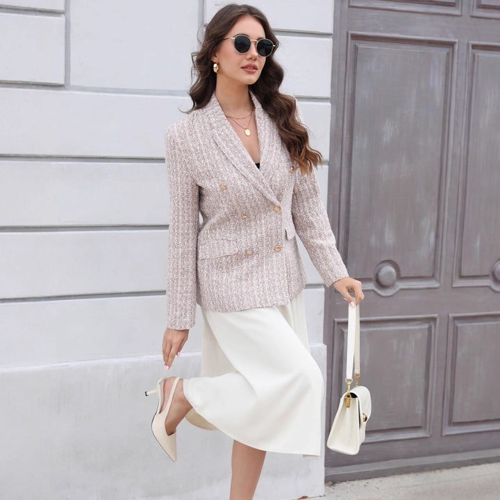Women Double-Breasted Bouclé Blazer with Shawl Collar, Tailored Silhouette and Decorative Buttons Mune Fashion