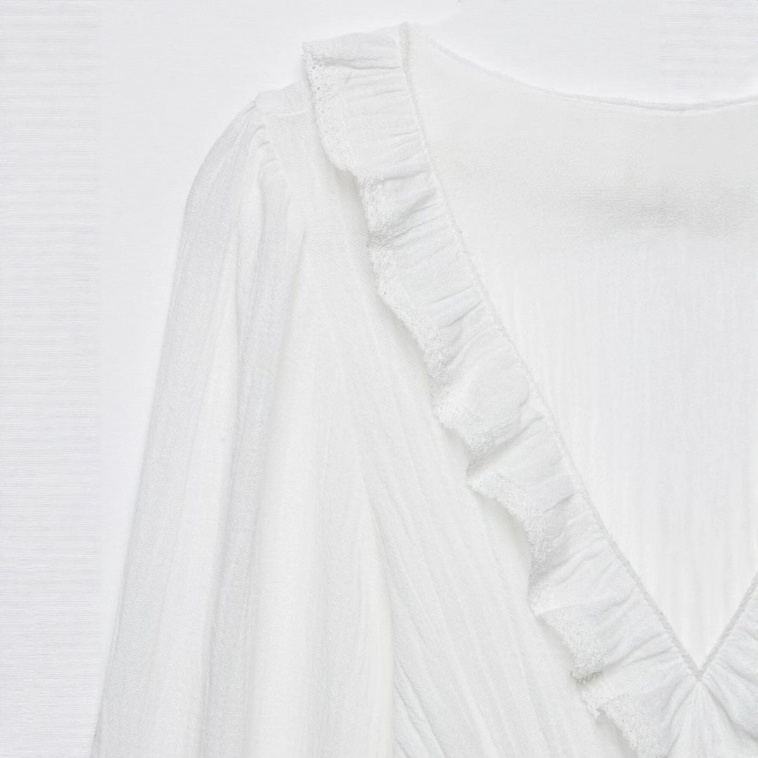Women's Ruffle Blouse with Deep V-Neck, Tie Band, and Gathered Balloon Sleeves Mune Fashion