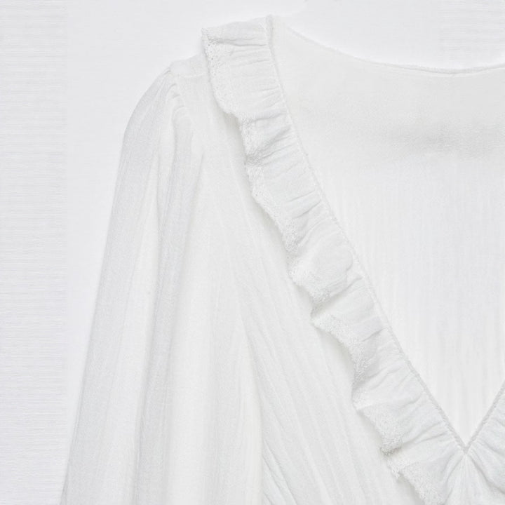 Women's Ruffle Blouse with Deep V-Neck, Tie Band, and Gathered Balloon Sleeves Mune Fashion