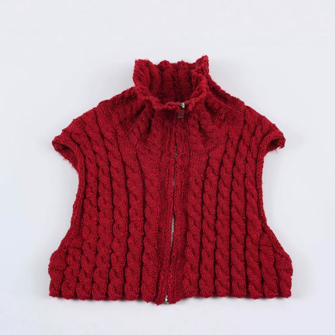 Women Sleeveless Cable Knit Vest with Stand-Up Collar and Full Zipper Mune Fashion