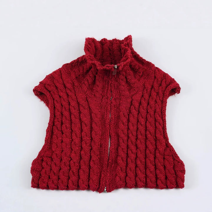 Women Sleeveless Cable Knit Vest with Stand-Up Collar and Full Zipper Mune Fashion