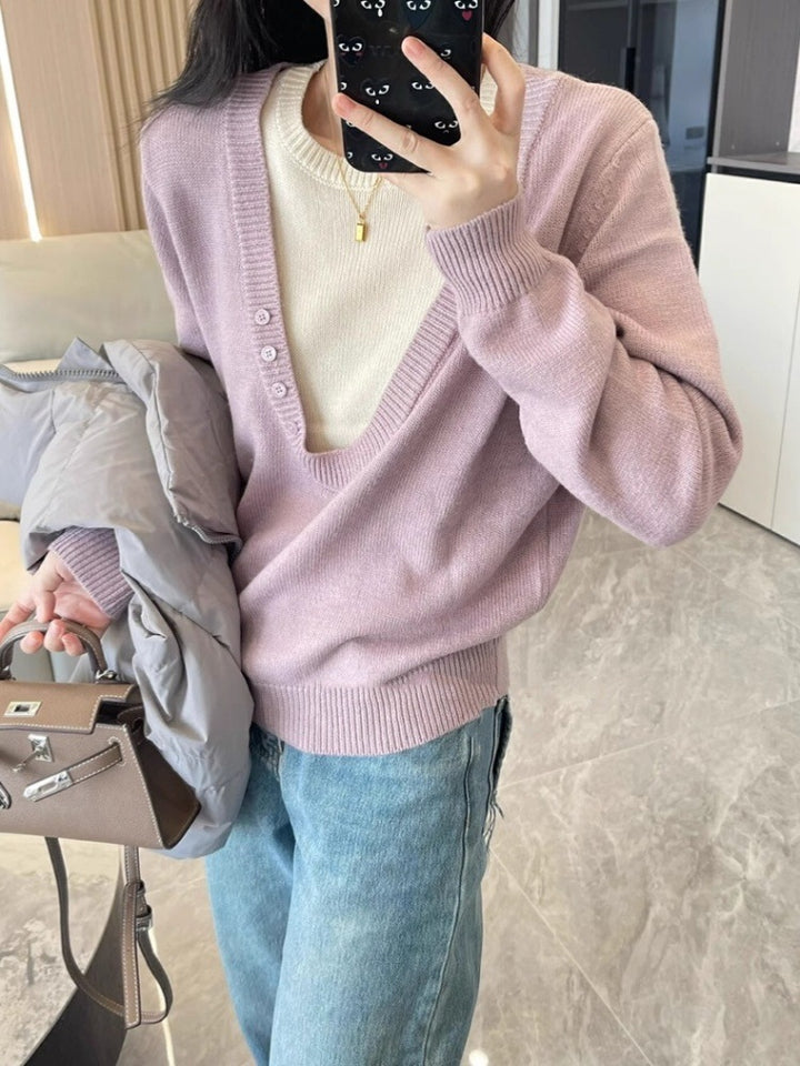 Women's Deep V-Neck Fine Knit Sweater with Layering Effect and Light Waist Definition Mune Fashion