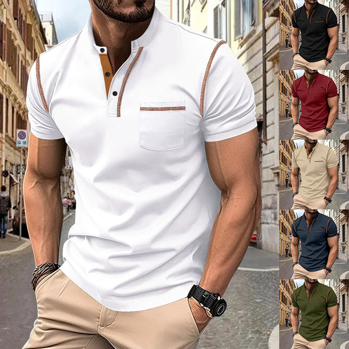 Men's short-sleeve polo in Henley style with stand-up collar, chest pocket and contrast stitching Mune Fashion