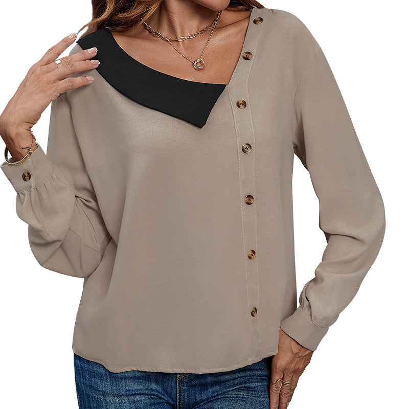 Women's Asymmetrical Shirt Blouse with Contrasting Collar and Decorative Button Placket Mune Fashion