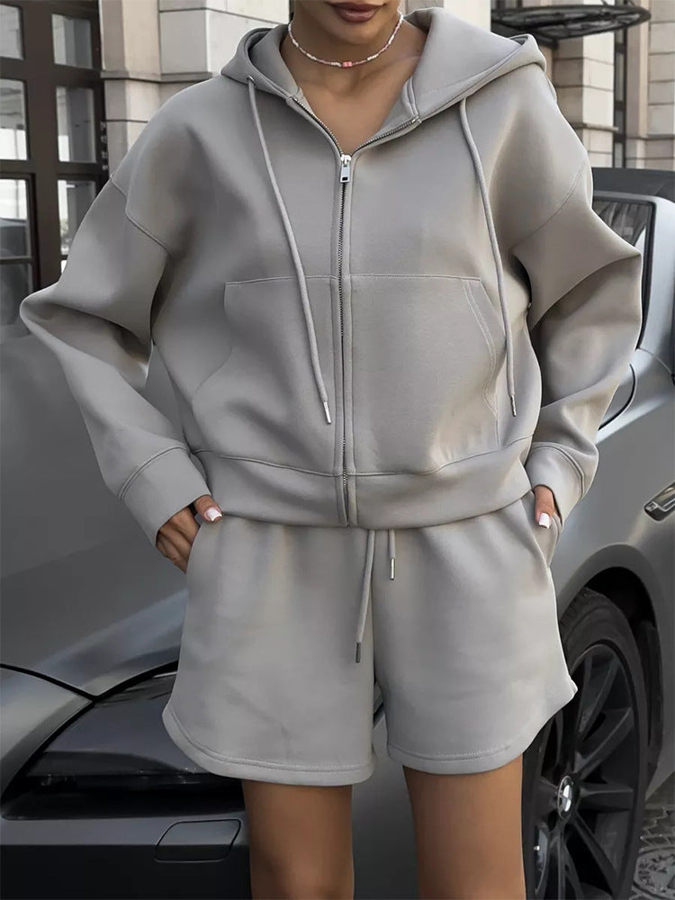 Women nan short hoodie sweatshirt with zipper and elastic high-waist relax shorts set Mune Fashion