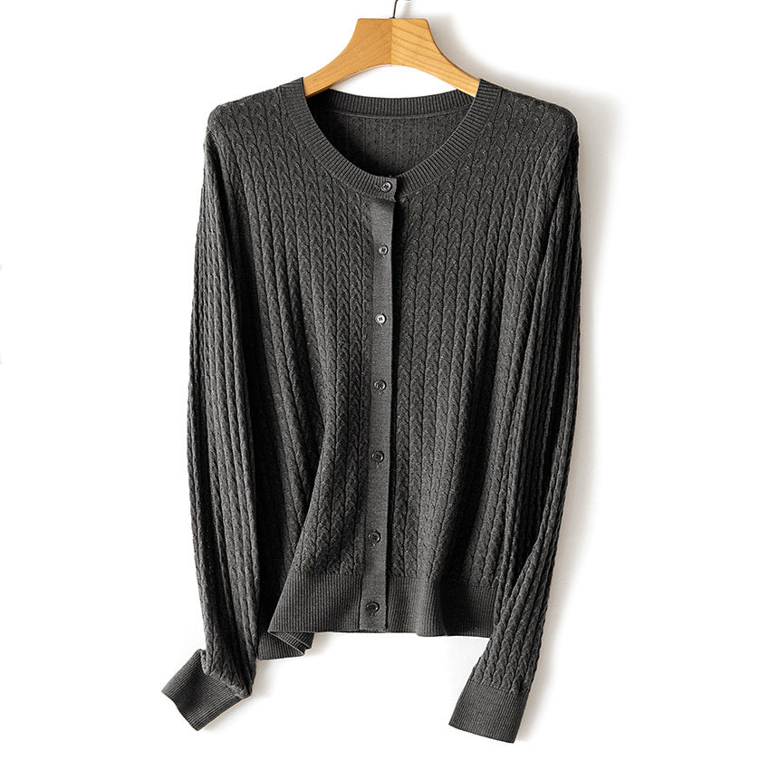 Women's fine knit cardigan with cable pattern, round neckline and button placket Mune Fashion