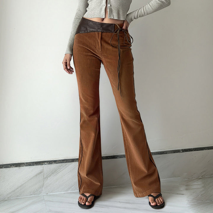 Women's corduroy pants with a high waistband, leather trim, and tie belt Mune Fashion
