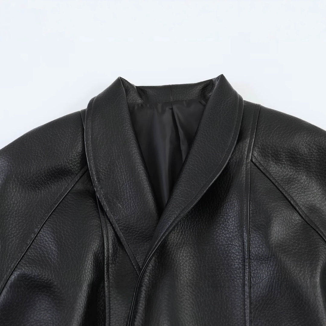 Ladies short jacket made of grain leather with shawl collar and tie belt Mune Fashion