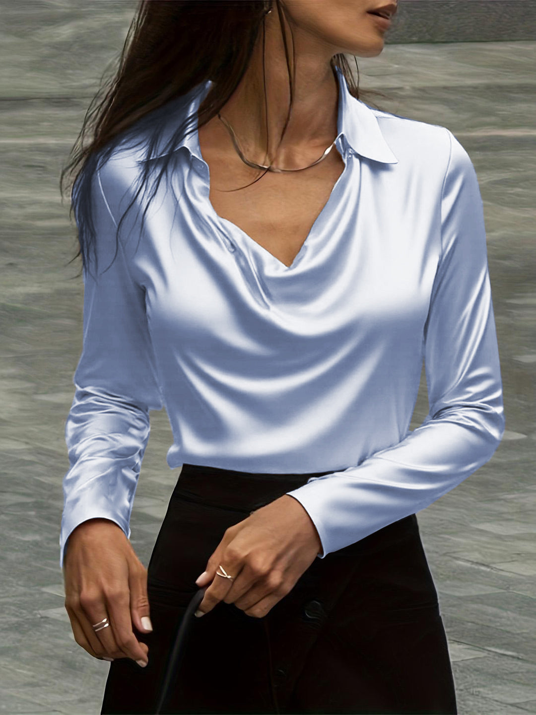 Women's satin blouse with waterfall collar and shirt collar Mune Fashion