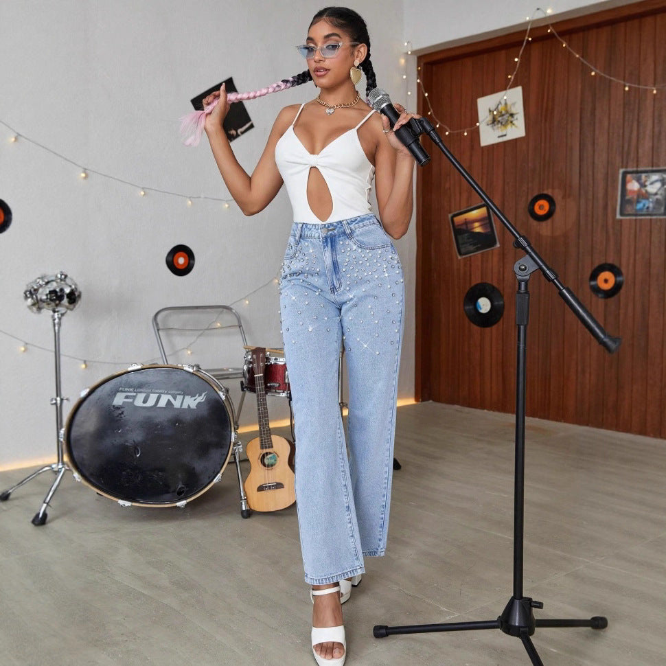 Women’s jeans with pearl appliqué, high waist and straight leg Mune Fashion