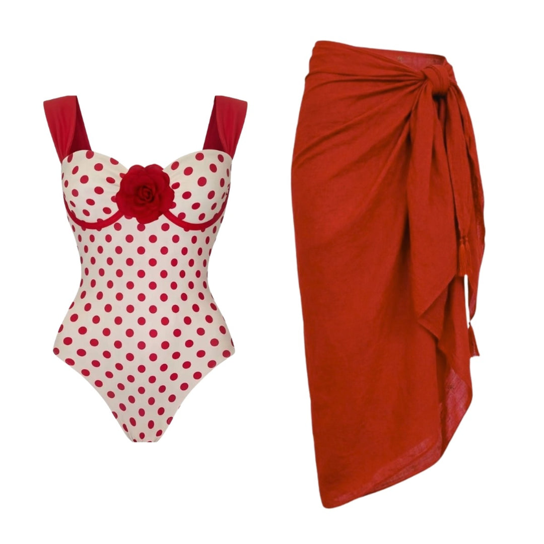 Women's swimsuit with playful polka dot pattern and decorative rose appliqué Mune Fashion