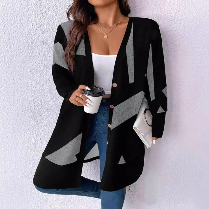 Women's Oversize Knit Cardigan with Geometric Print, Button Placket and Patch Pockets Mune Fashion