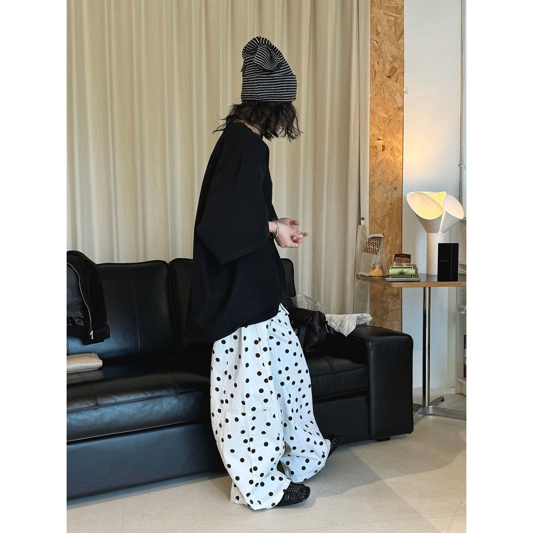 Women Wide High-Waisted Jeans Pants with Polka Dot Pattern and Wide Leg Mune Fashion
