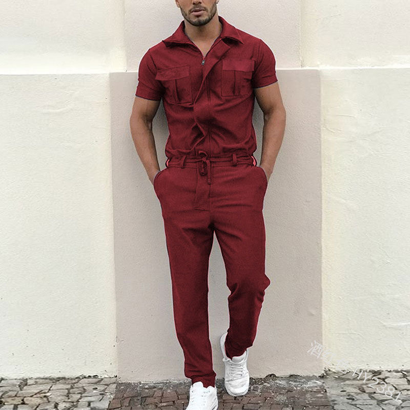 Men's short-sleeved overall work suit with concealed front closure and applied chest pockets Mune Fashion