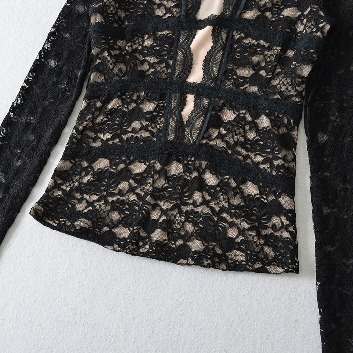 Women's Transparent Lace Blouse with V-Neck, Tailored Inserts and Long Sleeves Mune Fashion