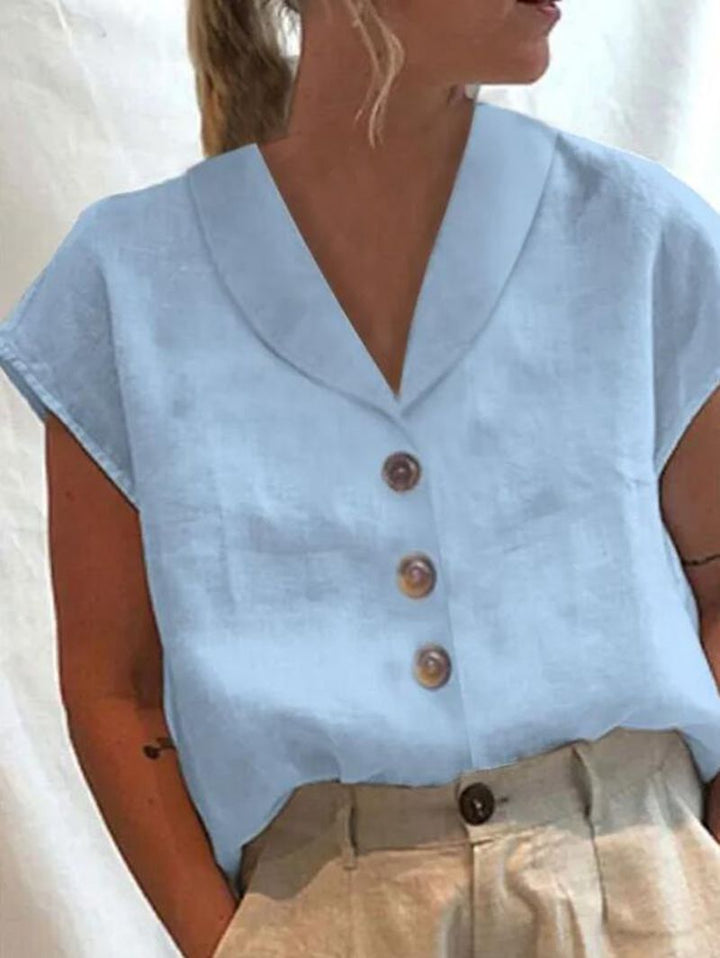 Women's airy linen blouse with wide V-neck, dropped shoulder and decorative button placket Mune Fashion