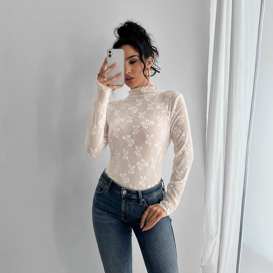 Women's figure-hugging transparent long sleeve top made of mesh fabric with floral embroidery and standing collar Mune Fashion